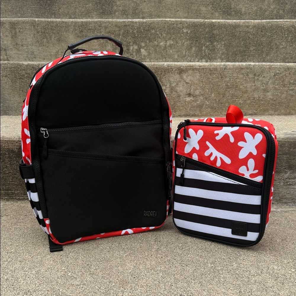 RadRev Kids Backpack & Lunch Bag Set - Red Floral Stripe
